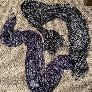Two lane Bryant scarves silver/black and silver/purple zebra pattern.